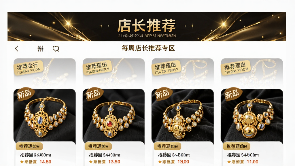 五洲金行APP每周店长推荐专区页面,手机屏幕上展示多款精美黄金首饰商品卡片,每张卡片带有推荐理由标签和新品字样,页面顶部有店长推荐横幅,整体设计时尚潮流,金色点缀突出尊贵感,画质高清,干净无多余元素