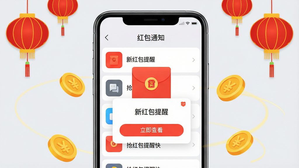 主体:一部智能手机屏幕显示抢红包提醒快的应用界面,界面中央有一个醒目的红色红包图标,红包上写着“抢红包提醒快”,背景为淡雅的浅灰色,界面顶部有“红包通知”字样。布局:手机居中放置,周围环绕着几个金黄色的金币和红色灯笼元素,营造喜庆氛围。排版:界面采用简洁的列表式布局,左侧为功能图标,右侧为文字说明,整体排列整齐。风格:扁平化设计,色彩明亮,现代感强。细节:手机屏幕内显示“新红包提醒”的弹窗,弹窗上有“立即查看”按钮。画质:高清,干净,无多余元素。