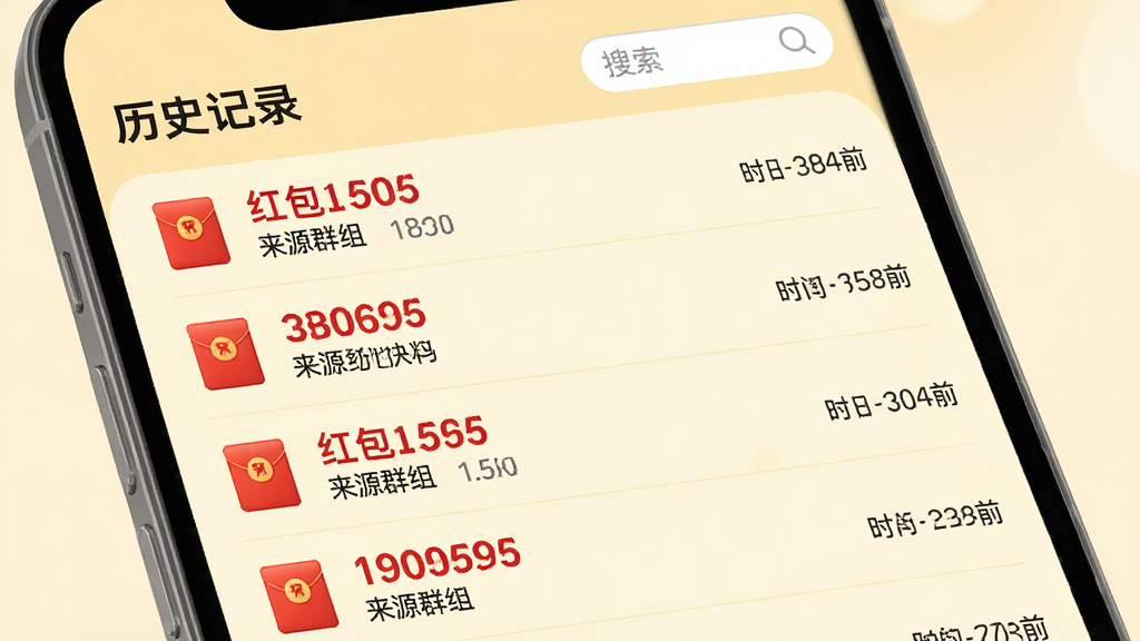 主体:抢红包提醒快的“历史记录”页面,页面中显示一条条红包记录,每条记录包含红包金额、来源群组、时间。布局:记录列表从上到下排列,每条记录左侧有红色红包小图标,右侧为文字信息。排版:列表行高一致,文字左对齐,金额用红色加粗显示。风格:素雅简约,背景为淡黄色,营造温馨感。细节:页面顶部有“历史记录”标题,并带有搜索框。画质:高清,干净,无多余元素。