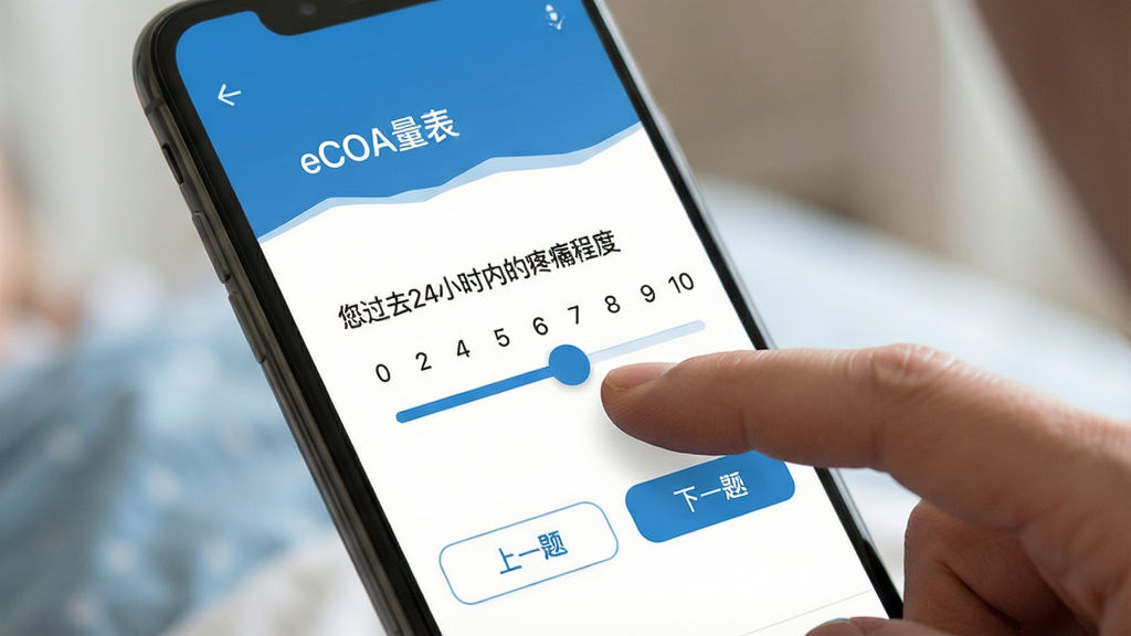 一张eCOA量表填写界面的截图,屏幕上显示“您过去24小时内的疼痛程度”问题,下方为0-10分的滑动条,患者手指正在拖动滑块,界面下方有“上一题”和“下一题”按钮,背景虚化,突出手机屏幕,整体风格清爽,蓝白配色,画质细腻干净。