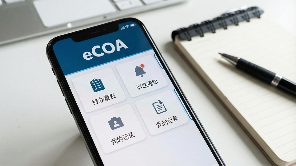 一张eCOA应用在手机上运行的实拍图,手机屏幕显示主界面,顶部有“eCOA”logo,下方排列着“待办量表”、“消息通知”、“我的记录”等功能卡片,背景为简洁的办公桌,手机旁放有记事本和笔,整体风格自然真实,画质清晰,无多余元素。