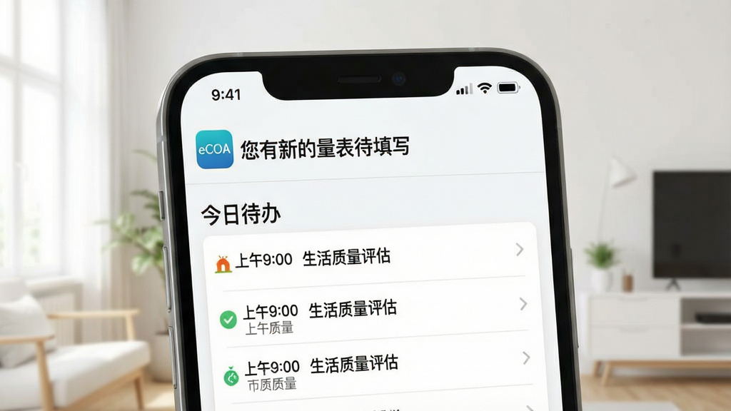 一张eCOA提醒通知的界面展示,手机状态栏显示“eCOA”图标和提醒文案“您有新的量表待填写”,下方展开今日待办列表,包含“上午9:00 生活质量评估”等条目,背景为简洁的室内环境,整体风格干净明亮,突出提醒功能,画质清晰。