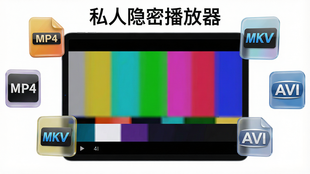 主体为一部平板电脑横屏播放着色彩鲜艳的4K测试视频画面,画面中显示不同格式的图标如MP4、MKV、AVI悬浮在屏幕周围。布局采用平视角度,平板居中,周围有半透明的格式图标环绕。排版清晰,屏幕上方显示“私人隐密播放器”字样。风格为扁平化结合轻微3D,细节包括视频画面细腻、图标光泽感强。画质高清,干净无多余元素。