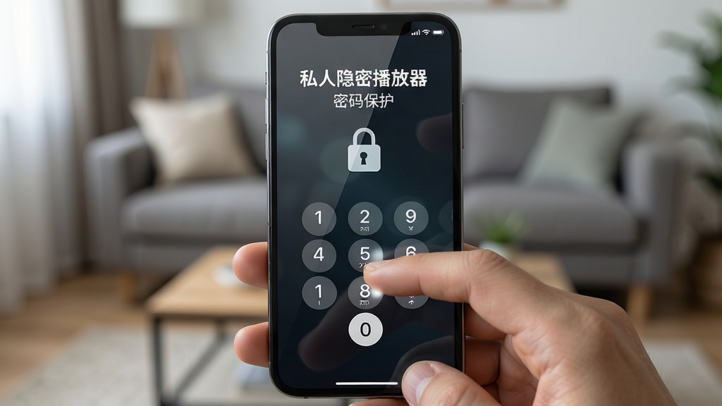 主体为一只手正在智能手机上输入密码解锁私人隐密播放器的界面,屏幕显示密码输入键盘和锁形图标,背景为模糊的客厅环境。布局采用特写镜头,手部动作清晰,屏幕内容居中。排版突出“私人隐密播放器”名称和“密码保护”字样。风格写实,细节包括指纹反光、屏幕玻璃质感。画质高清,干净无多余元素。