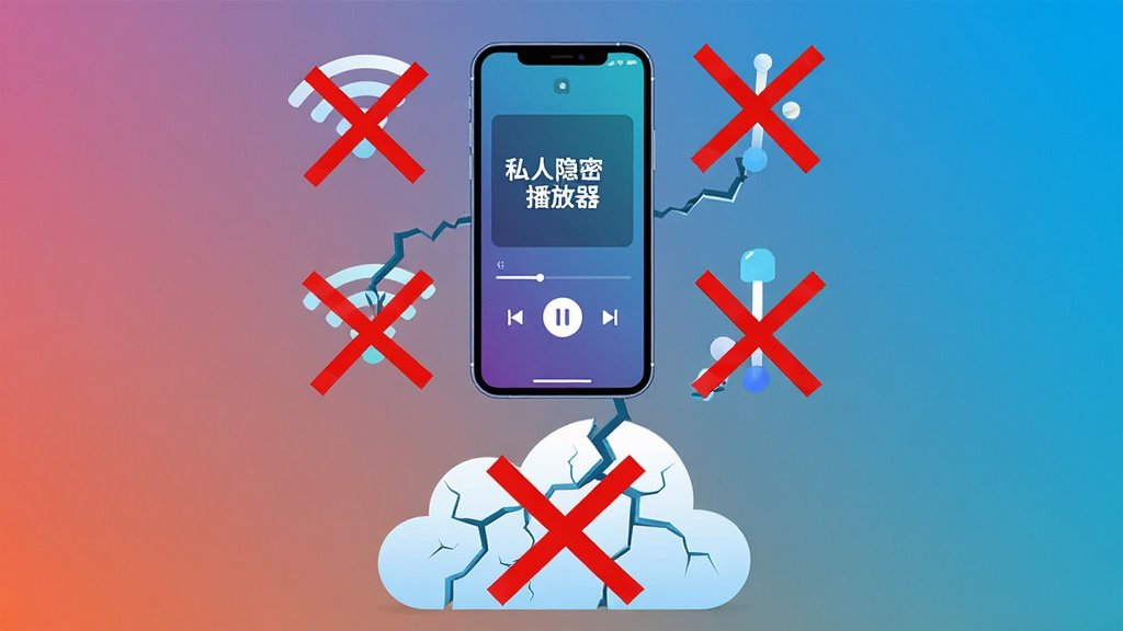 主体为一部手机悬浮在云端断开连接的图标上方,手机屏幕内显示私人隐密播放器界面,周围有WiFi和云朵被划掉的红叉符号。布局采用上下结构,手机在上云朵在下,背景为纯色渐变。排版简洁,手机屏幕中央显示“私人隐密播放器”字样。风格科技感插画,细节包括云朵的裂纹效果、红叉醒目。画质干净,无多余元素。
