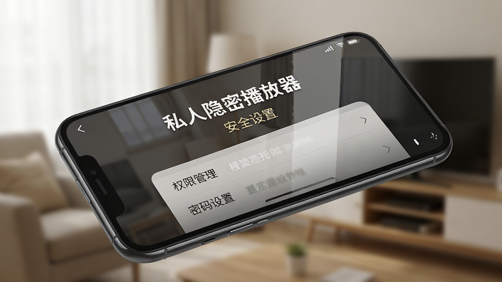 主体为一部手机横屏播放私人隐密播放器设置界面,屏幕显示“权限管理”和“密码设置”选项,背景为模糊的室内环境。布局采用斜45度角展示,屏幕内容清晰可见。排版突出“私人隐密播放器”名称和“安全设置”字样。风格写实,细节包括屏幕反光、设置菜单层次感。画质高清,干净无多余元素。