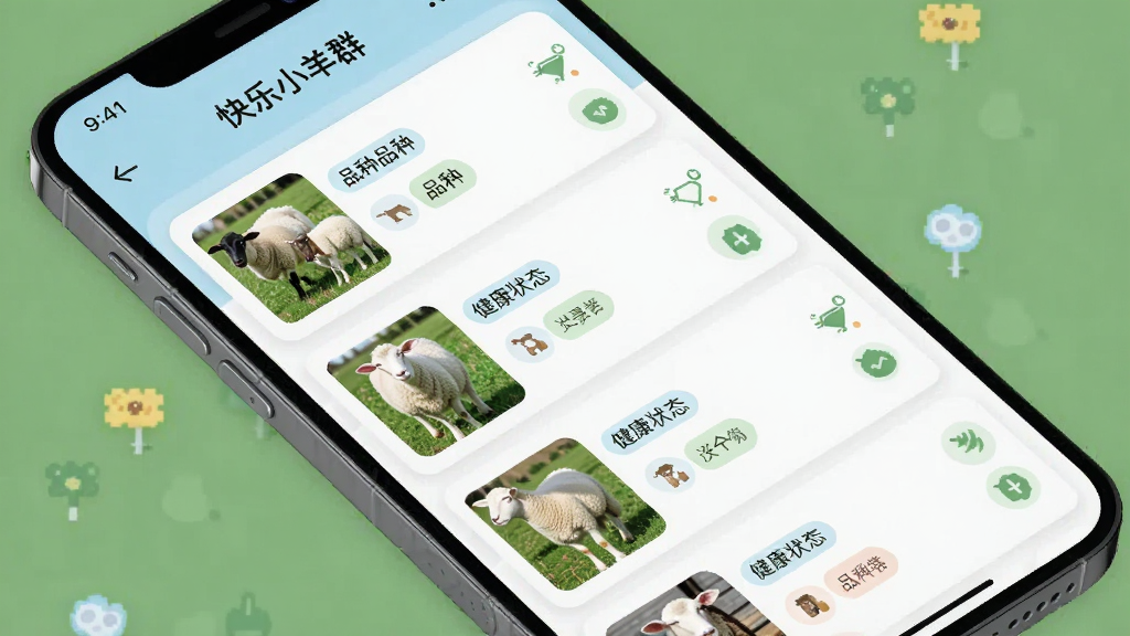 手机应用界面展示“快乐小羊群”的羊群档案功能,列表显示不同品种的羊只信息,包括图片、品种标签和健康状态图标,界面布局清晰,色彩柔和,风格扁平化,细节丰富,画质干净,无多余元素