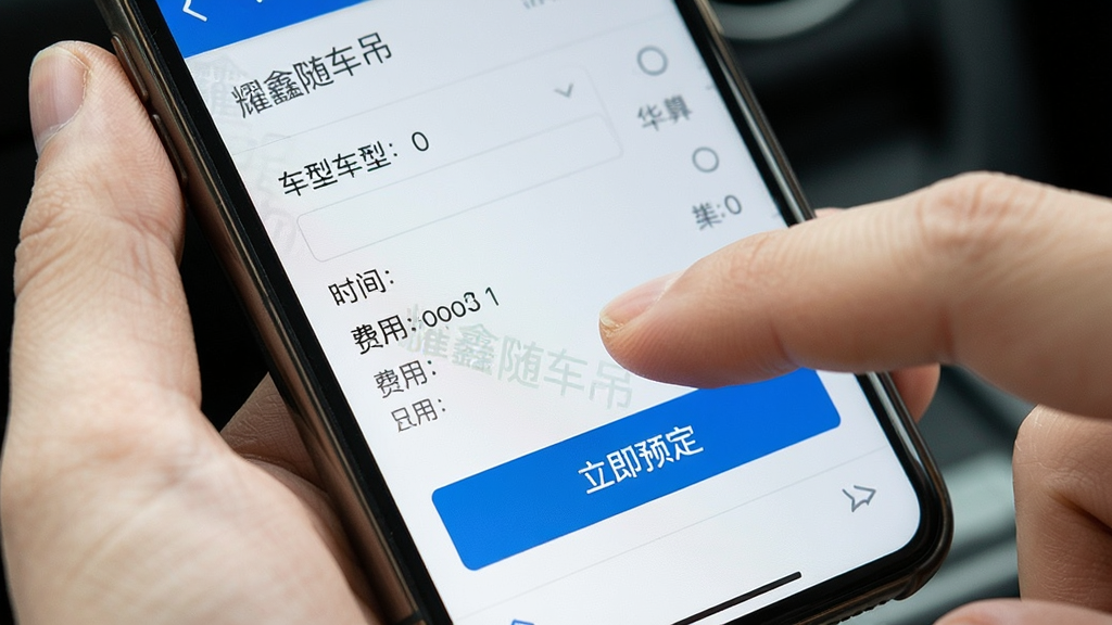 主体:用户手指点击手机屏幕上的“立即预定”按钮;布局:手机屏幕特写,手指位于屏幕中央;排版:屏幕显示订单详情页,包含车型、时间、费用等信息;风格:真实场景摄影风格,光线自然;细节:屏幕上有“耀鑫随车吊”水印,按钮高亮;画质:高清,干净,无多余元素