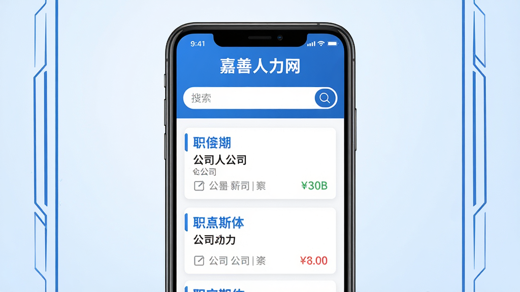 主体:嘉善人力网APP界面,展示招聘信息列表和搜索框,主色调为蓝色和白色,界面清晰现代。布局:手机屏幕居中,左右两侧有简洁的线条装饰,背景为淡蓝色渐变。排版:手机屏幕占据视觉中心,上方显示“嘉善人力网”名称,下方展示几个职位卡片。风格:扁平化设计,干净明亮,适合招聘类应用。细节:职位卡片显示职位名称、公司、薪资,搜索框有放大镜图标。画质:高清,干净,无多余元素。