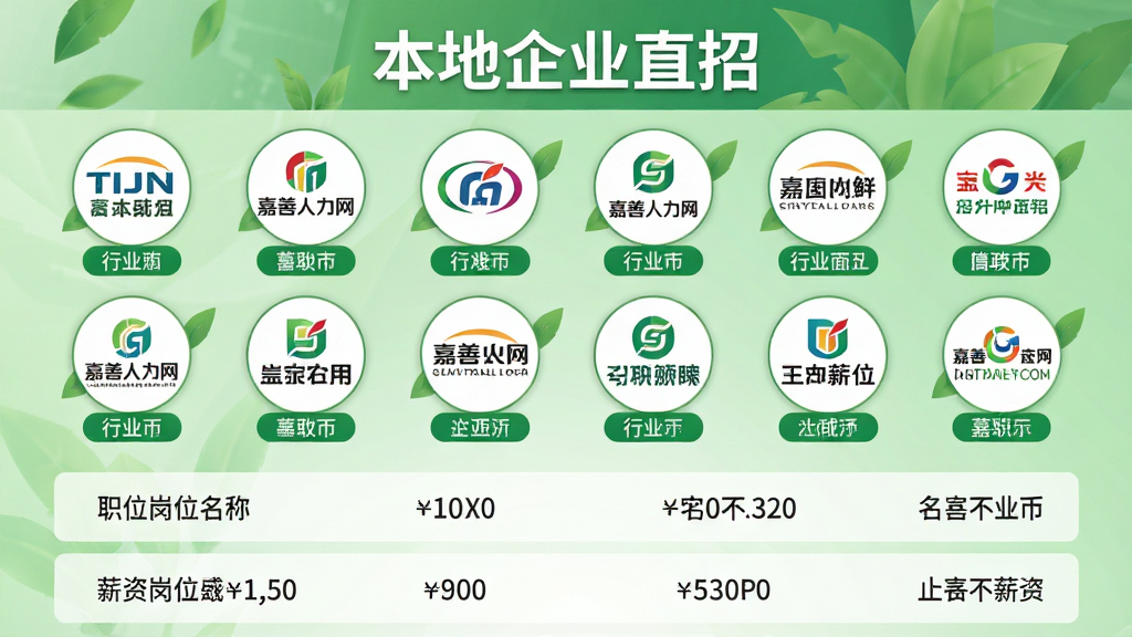 主体:嘉善人力网“本地企业直招”板块,展示多家企业logo和招聘岗位列表。布局:企业logo以圆形图标排列在屏幕上方,下方是岗位列表,背景为浅绿色渐变。排版:顶部一行显示“本地企业直招”标题,中间是企业logo墙,底部是职位信息条。风格:清新商务风,绿色与白色搭配,体现本地化与信赖感。细节:企业logo下方标注行业标签,职位列表显示岗位名称和薪资范围。画质:高清,干净,无多余元素。
