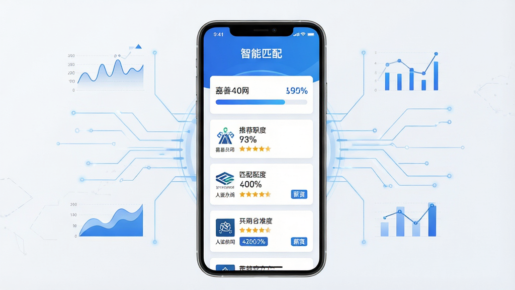 主体:嘉善人力网“智能匹配”功能界面,手机屏幕上显示匹配度百分比和推荐职位列表。布局:手机居中,周围有简洁的科技线条和数据图形点缀,背景浅灰白色。排版:屏幕上方有“智能匹配”标题,下方展示几个职位卡片,每个卡片显示匹配度星星。风格:现代科技感,蓝色主调,简洁专业。细节:匹配度用进度条或百分比数字展示,职位卡片有公司logo和薪资标签。画质:高清,干净,无多余元素。