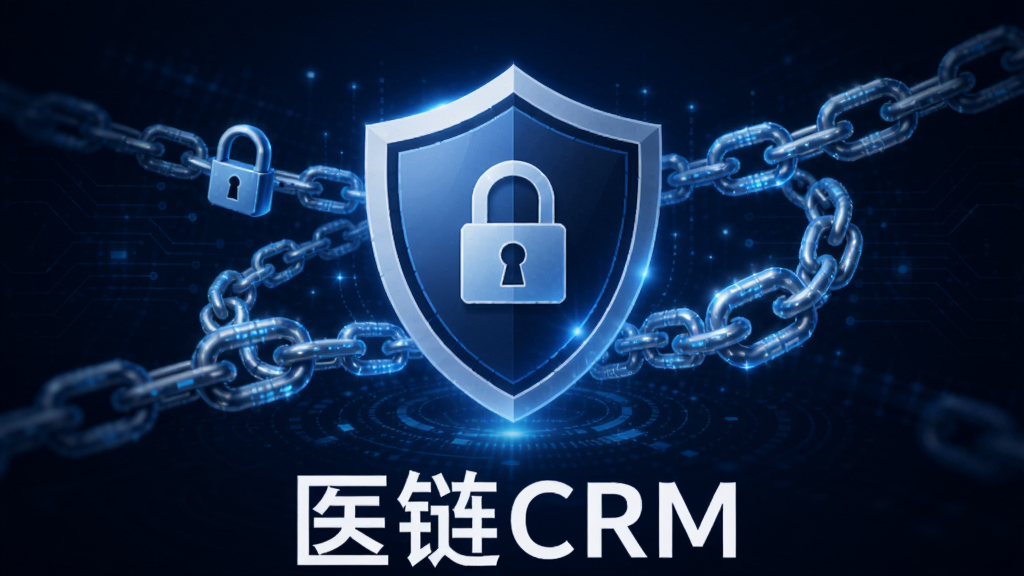 医链CRM区块链隐私保护功能展示图,画面中心是一个盾牌图标,周围环绕着加密的链条,背景为深蓝色科技风格,底部显示“医链CRM”字样,整体布局简洁,突出安全防护主题,画质清晰,无多余元素