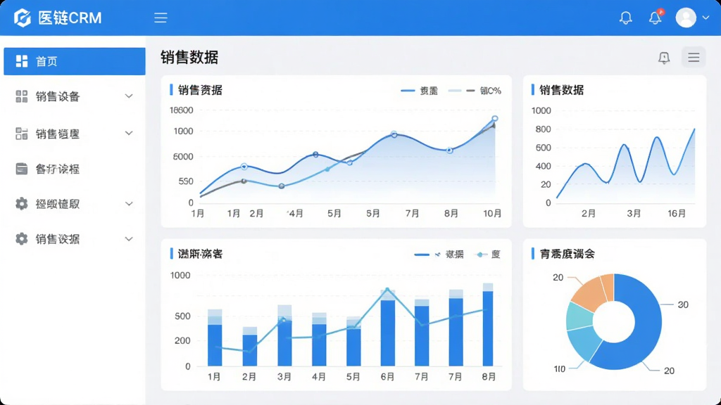 一张展示医链CRM软件主界面的高清截图,界面设计现代简洁,以蓝色和白色为主色调,左侧显示功能导航菜单,右侧展示销售数据看板,包含折线图、柱状图和饼图,图表数据清晰可见,整体布局合理,科技感强,画质清晰,干净无多余元素