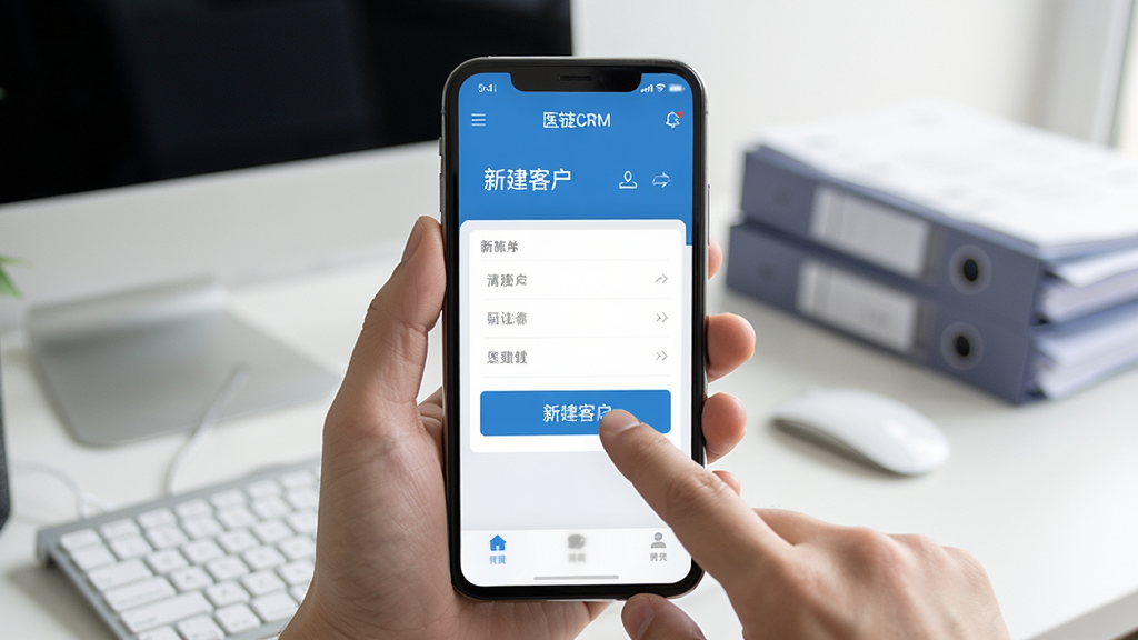 医链CRM移动端操作演示图,画面中一部手机屏幕显示应用主界面,手指正在点击“新建客户”按钮,背景为办公桌面,有电脑和文件,整体风格写实,突出移动办公场景,画质清晰