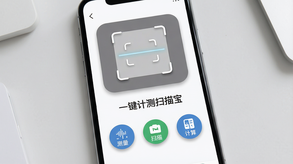 主体为一款智能手机屏幕特写,屏幕中清晰展示“一键计测扫描宝”应用主界面,界面布局简洁,上方显示扫描取景框,下方排列测量、扫描、计算三个圆形功能图标。整体排版居中对称,背景为浅灰色桌面,风格为现代扁平化设计,细节包括图标阴影与圆角边框,画质高清干净,无多余元素。