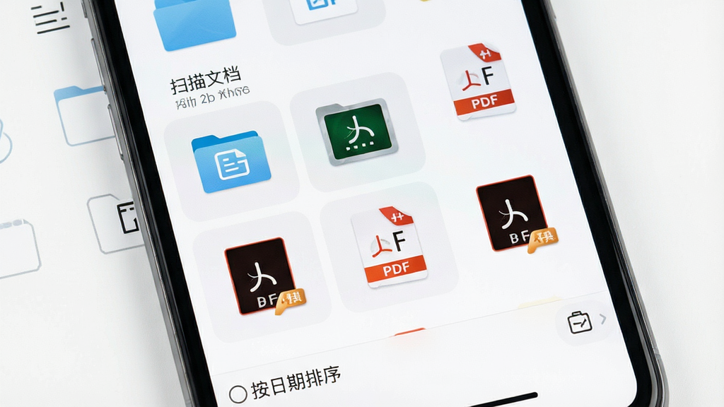 主体为手机文件管理界面,屏幕中显示“扫描文档”分类文件夹,内含多个PDF缩略图,底部有“按日期排序”选项。布局为网格排列,风格简洁办公,细节包括文件图标与格式标签,画质干净明亮,无多余元素。