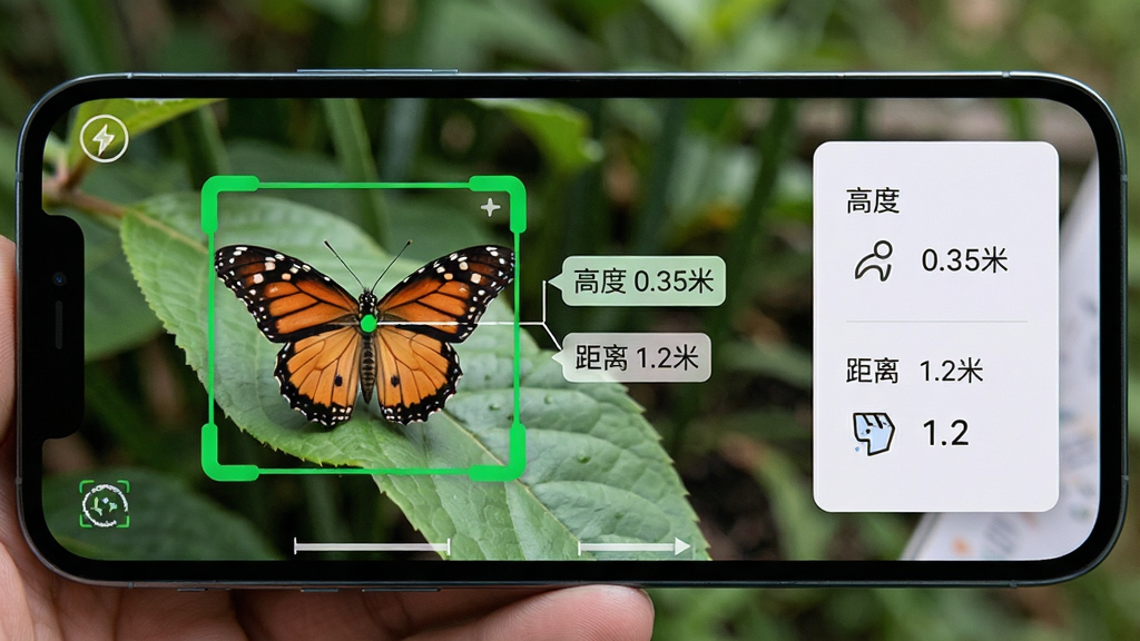 主体为手机横屏拍摄界面,屏幕内显示一只蝴蝶被绿色边框锁定,旁边浮出“高度 0.35米”、“距离 1.2米”数据标签。布局为左手机右数据卡片,排版简洁,风格清新自然,细节包括识别点与测量线,画质清晰干净,无多余元素。