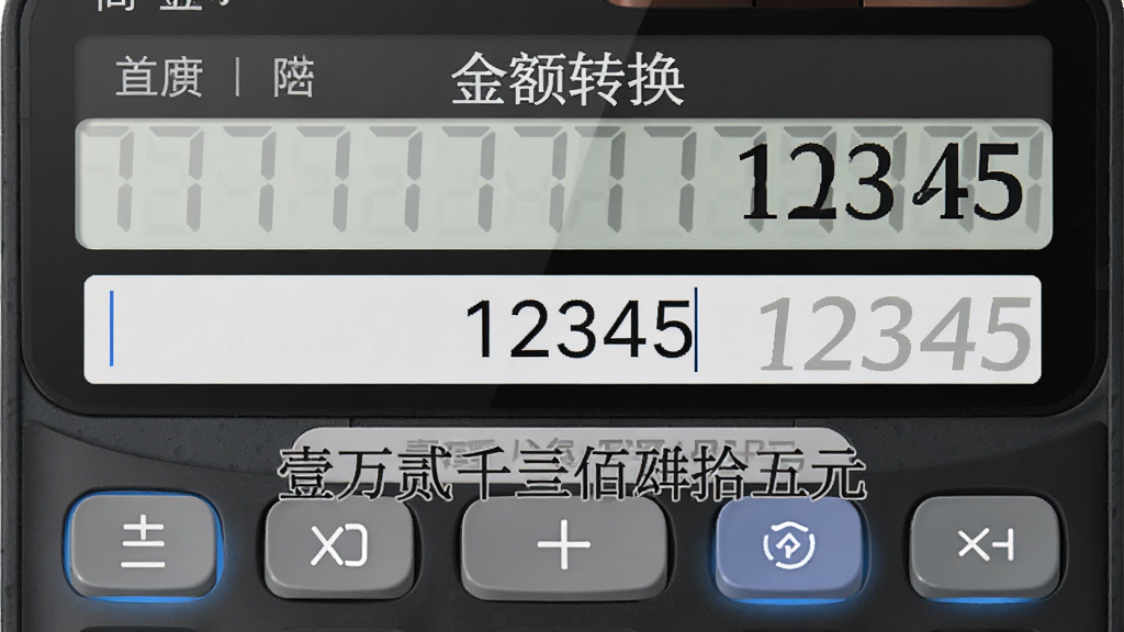 主体为计算器风格界面,屏幕显示“金额转换”页面,输入框内数字“12345”,下方输出“壹万贰仟叁佰肆拾伍元”。布局上下结构,风格简约商务,细节包括按键反馈与字体清晰,画质干净无多余元素。