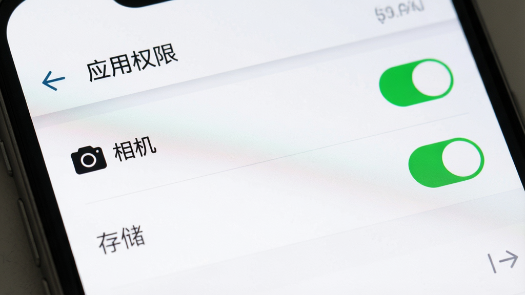 主体为手机设置界面,屏幕显示“应用权限”页面,其中“相机”和“存储”开关均处于开启状态。布局为列表形式,风格简洁系统风,细节包括开关图标颜色高亮,画质干净无多余元素。