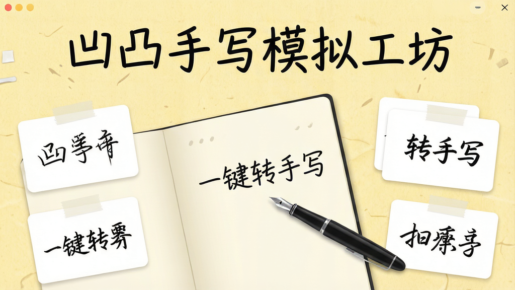 凹凸手写模拟工坊是一款功能强大的手写模拟器,主界面展示软件名称“凹凸手写模拟工坊”,背景为淡黄色纸张纹理,画面中央有一支黑色钢笔和一本打开的信纸,信纸上写有“一键转手写”的字样,周围有不同风格的手写字体示例卡片,排版整洁,风格简约清新,细节丰富,画质干净无多余元素。