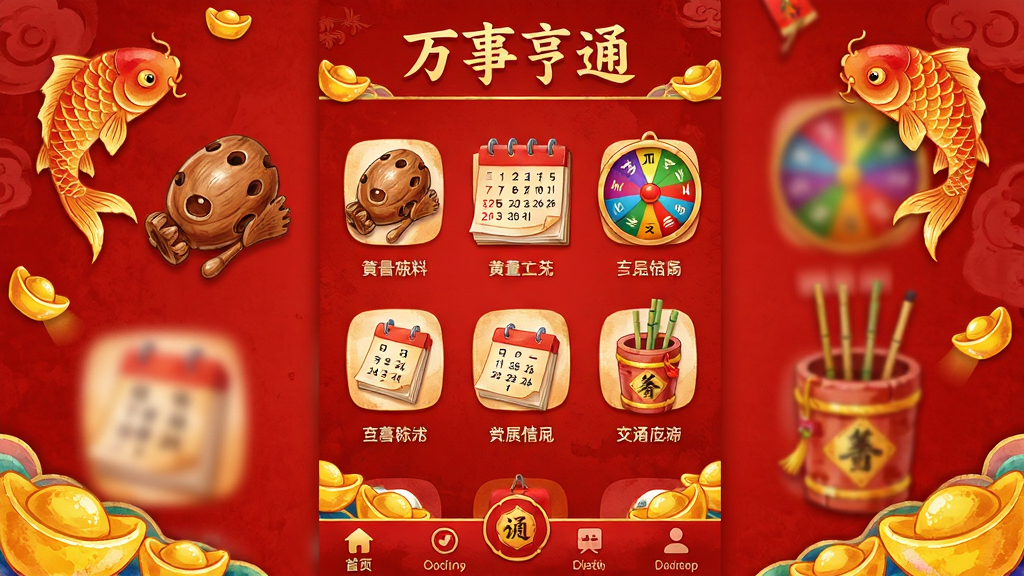 主体:万事亨通应用界面,喜庆红色背景,金色锦鲤与元宝装饰,界面中央显示木鱼、黄历、转盘、签筒等图标。布局:上下排列,顶部为应用名称“万事亨通”,中部为功能图标网格,底部为导航栏。排版:图标整齐排列,文字标签清晰。风格:国风水彩插画,色彩鲜艳,细节丰富。细节:木鱼纹理清晰,黄历日期可见,转盘色彩斑斓,签筒插有竹签。画质:高清,干净,无多余元素。