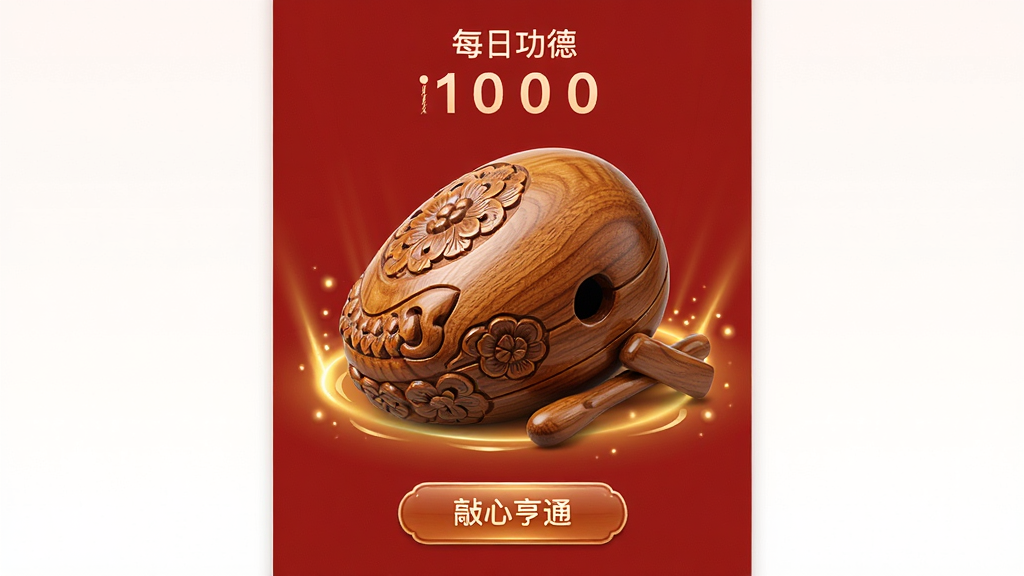 主体:万事亨通应用中的静心木鱼功能界面,红色背景,一个木质纹理的木鱼占据画面中央。布局:木鱼居中,上方显示“每日功德”计数,下方有敲击按钮。排版:简洁大方,文字与木鱼比例协调。风格:国风写实,木鱼纹理精细。细节:木鱼表面有雕刻花纹,敲击时有金色光晕特效。画质:高清,干净,无多余元素。