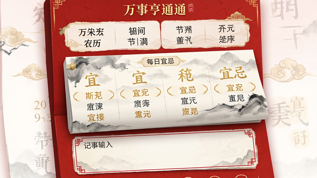 主体:万事亨通应用的黄历日历界面,红色背景,日历翻页设计。布局:上方显示农历日期与节气,中部为每日宜忌列表,下方为记事输入框。排版:信息分层清晰,重点突出。风格:国风水墨画风,淡雅精致。细节:宜忌文字用金色标注,记事区域有红色边框。画质:高清,干净,无多余元素。