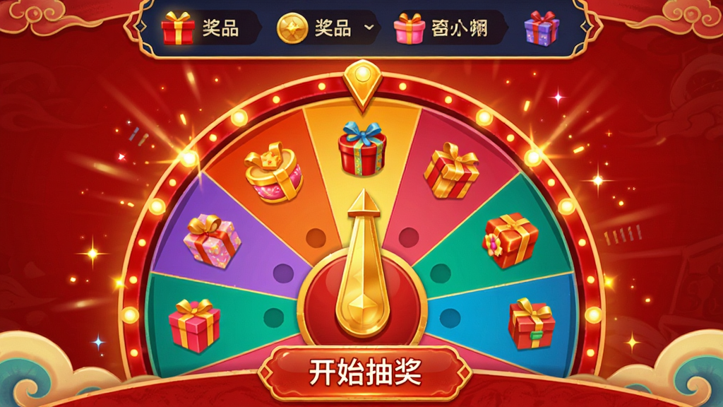 主体:万事亨通应用中的幸运大转盘界面,红色背景,一个彩色转盘占据画面中央。布局:转盘居中,指针指向金色区域,周围有灯光特效。排版:转盘下方有“开始抽奖”按钮,上方显示奖品列表。风格:国潮插画,色彩鲜艳,富有活力。细节:转盘分区清晰,每个区域有不同奖品图标,灯光闪烁。画质:高清,干净,无多余元素。