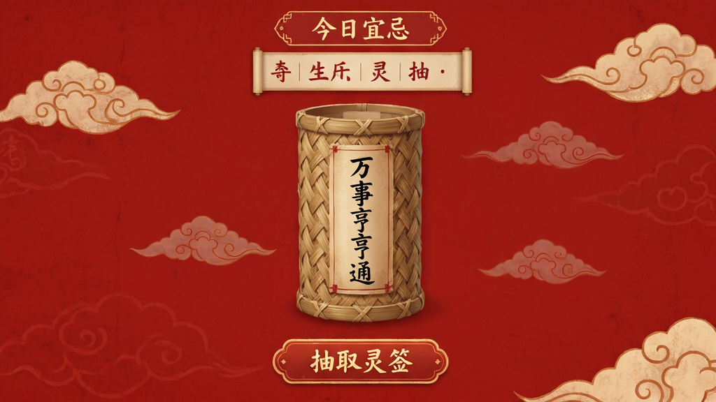 主体:万事亨通应用中的每日祈福抽签界面,红色背景,一个签筒放在画面中央。布局:签筒居中,上方有“今日宜忌”提示,下方有“抽取灵签”按钮。排版:简洁明了,签文以竖排文字呈现。风格:古朴国风,签筒有竹编纹理。细节:签文用毛笔字书写,背景有祥云图案。画质:高清,干净,无多余元素。