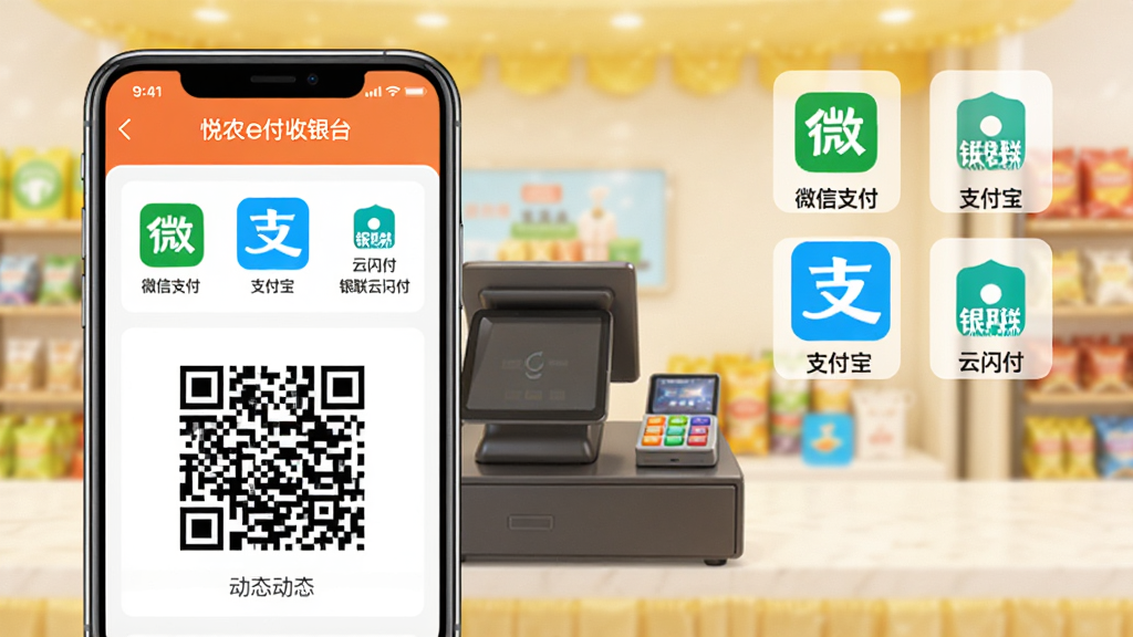 ��������Ϊ����ũe������̨��APP�տ�ҳ���ͼ��չʾ����֧����ʽͼ�꣨΢��֧����֧�������������������Ͷ�̬��ά�룬�Ա߸����ֻ�ģ������̨���ͣ�����Ϊ��������������̨�����ֲ������ҷ�����ͼ�����Ϊ�ֻ����棬�Ҳ�Ϊ֧����ʽͼ�����У�����ƽ����ƣ�ɫ�����ޣ�ϸ�����������ʸɾ��޶���Ԫ�ء�