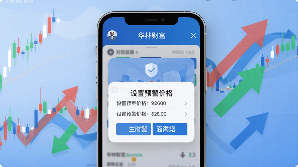 华林财富App智能预警功能示意图,手机界面展示设置预警价格的弹窗,背景为K线图,有红色上涨和绿色下跌箭头,现代扁平化设计,蓝色主题,高分辨率,干净背景