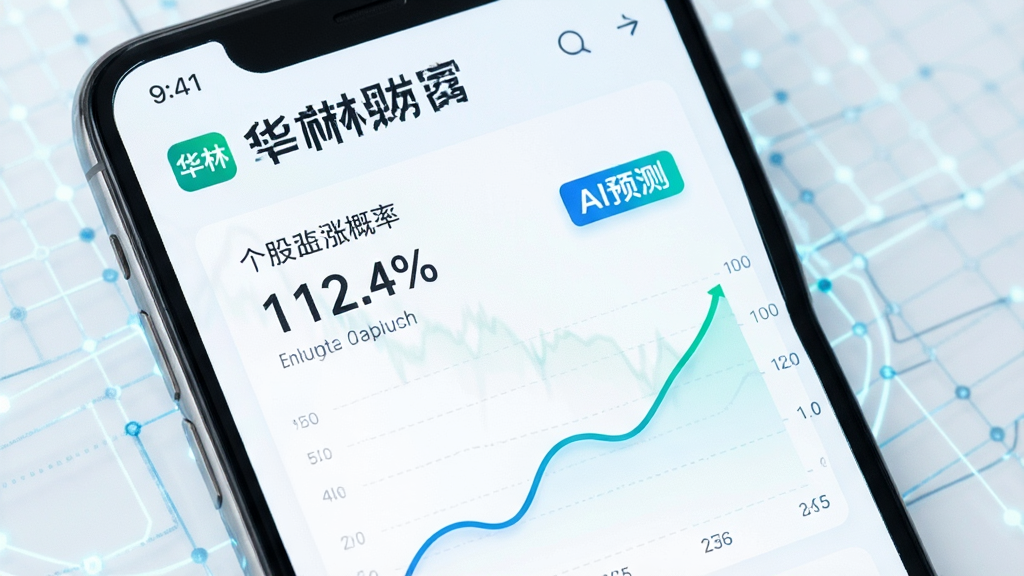 华林财富App大数据预测页面,手机显示个股上涨概率百分比与趋势曲线,配有“AI预测”标签,背景为浅色科技感网格,风格简洁明亮,高画质,无多余元素