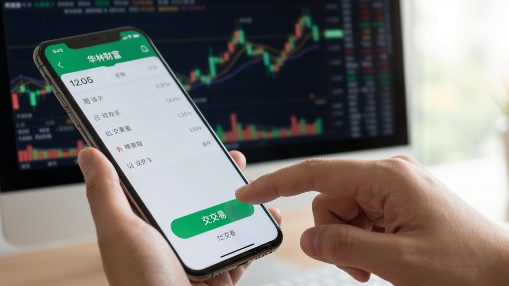 用户正在手机上操作华林财富App,手指点击屏幕上的交易按钮,背景为模糊的电脑屏幕显示K线图,真实场景摄影风格,自然光,高清晰度,干净无多余元素