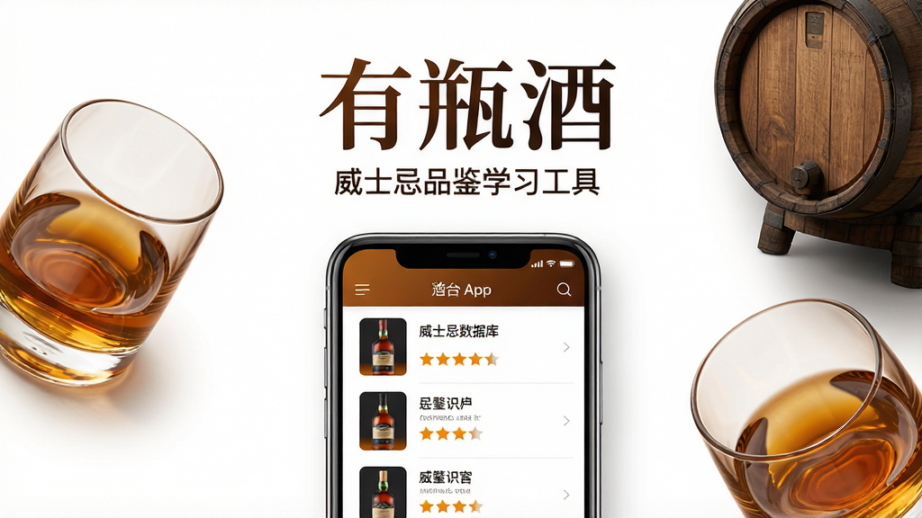 主体:有瓶酒App的界面展示,手机屏幕显示威士忌数据库和拍照识酒功能界面。布局:手机居中,屏幕内容清晰可见,周围有淡淡的威士忌酒杯和橡木桶作为装饰元素。排版:手机位于画面中央偏下,上方留白区域用艺术字写出“有瓶酒”字样,下方有“威士忌品鉴学习工具”的小字标注。风格:现代简约,结合温暖琥珀色调,背景为深色木质纹理。细节:手机屏幕上展示酒款列表和评分星星,酒杯中琥珀色液体晶莹剔透。画质:高清渲染,干净,无多余元素。