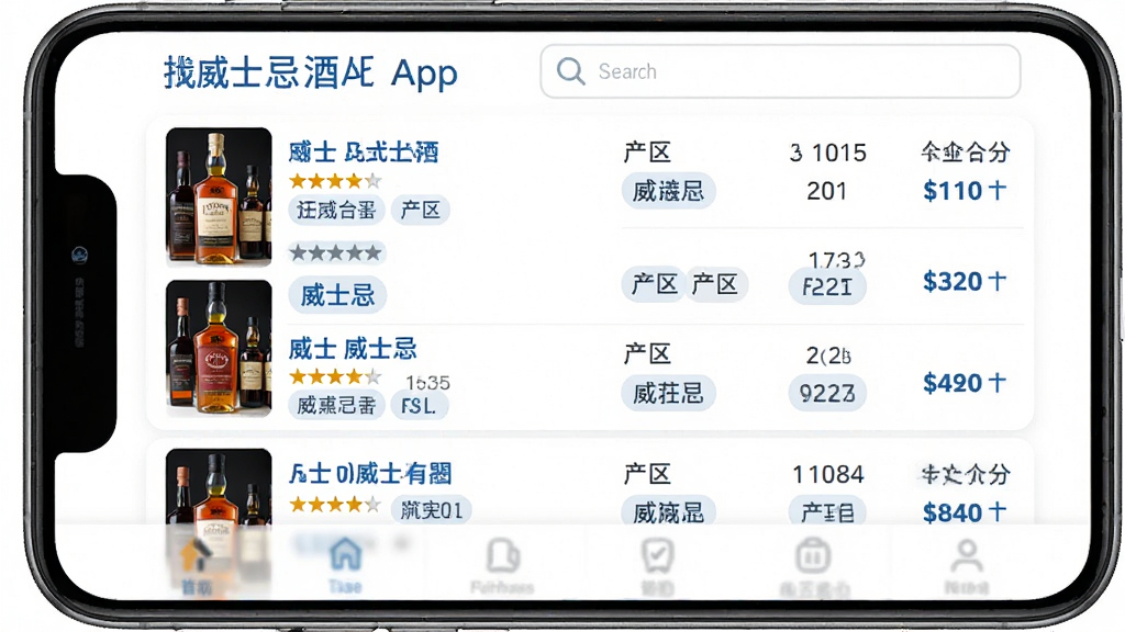 主体:有瓶酒App的威士忌数据库界面,列表形式展示多款威士忌名称、产区、年份和评分。布局:手机界面占满画面,列表从上到下排列,左侧为酒款缩略图,右侧为文字信息。排版:列表项整齐排列,搜索框位于顶部,底部有导航栏。风格:清爽简洁,白底蓝字,数据感强。细节:每行酒款下方有小小的评分星星和产区标签。画质:高清,干净,无多余元素。