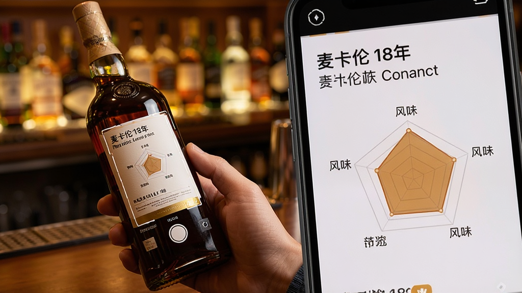 主体:用户手持手机对着酒瓶拍照,屏幕上显示识别结果和酒款详情。布局:左侧为真实酒瓶,右侧为手机屏幕放大图,屏幕上有酒款名称和风味雷达图。排版:酒瓶与手机成对角线构图,背景为暖色酒吧环境。风格:写实生活化,光线柔和,突出手机识别功能。细节:手机屏幕上的识别框对准酒标,识别结果出现“麦卡伦18年”等字样。画质:高清,干净,无多余元素。