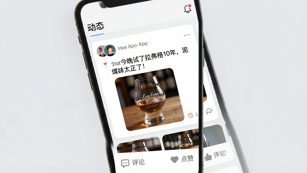 主体:有瓶酒App的社交分享界面,展示好友动态和评论互动区域。布局:手机屏幕为主,顶部为“动态”标题,下方为好友发布的品鉴图文卡片,底部有评论和点赞图标。排版:卡片式布局,头像圆形,文字内容清晰,背景为浅灰色。风格:现代社交风,色彩活泼。细节:一条动态显示“今晚试了拉弗格10年,泥煤味太正了!”配图酒杯照片。画质:高清,干净,无多余元素。