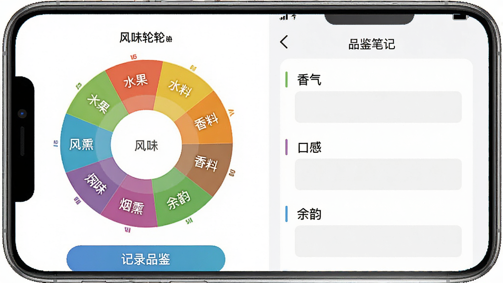 主体:有瓶酒App的品鉴引导界面,展示风味轮盘和品鉴笔记页面。布局:手机界面居中,左侧为风味轮盘彩色环形图,右侧为品鉴笔记模板。排版:轮盘分为多个扇形区域,标注水果、香料、烟熏等风味类别,下方有“记录品鉴”按钮。风格:教育感强,配色明亮,信息可视化。细节:笔记模板中有香气、口感、余韵等填写栏位。画质:高清,干净,无多余元素。