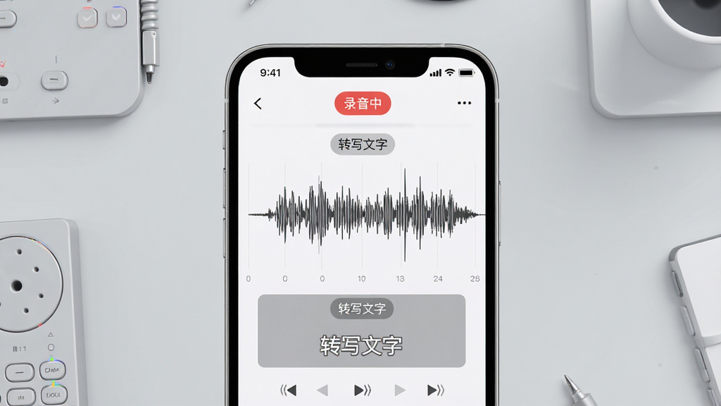 一张高清产品展示图,主体是x录音机APP在手机上的运行界面,界面清晰展示录音波形和实时转写的中文字幕。布局为手机居中,背景是简洁的浅灰色工作台,风格为现代科技感。细节上突出APP界面内“录音中”和“转写文字”的标签,画质细腻干净,无多余元素。