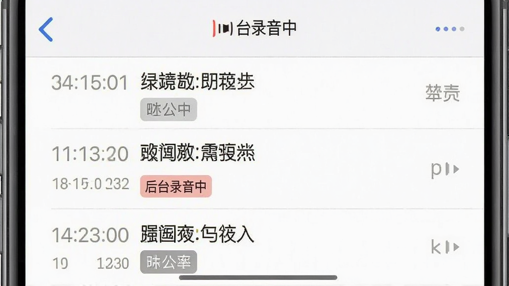 一张手机截图样式的图片,主体是x录音机的录音文件列表界面,显示多个带有时间戳和标签的录音文件。布局为列表式,风格简洁清晰。细节上突出文件名称、时长和大小信息,并有一个醒目的“后台录音中”状态栏图标,画质干净,无多余元素。