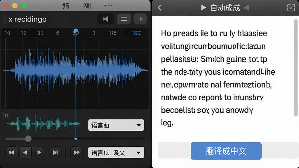 一张分屏对比图,左侧是x录音机录制界面,右侧是自动生成的英文文本,并有“翻译成中文”的按钮。布局为左右分屏,风格直观明了。细节上突出语音波形与文本的实时同步,以及语言选择下拉菜单,画质高清,无多余元素。
