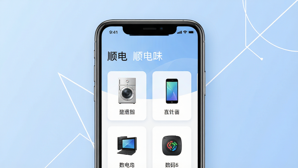 一张现代简约风格的电商APP宣传图,主体是智能手机屏幕展示“顺电味”APP界面,界面内清晰显示家电、手机、数码产品分类图标,背景采用柔和的浅蓝色渐变,搭配白色几何线条装饰,整体排版干净整洁,强调品质感与科技感,画质高清,光线均匀,细节丰富,干净无多余元素。