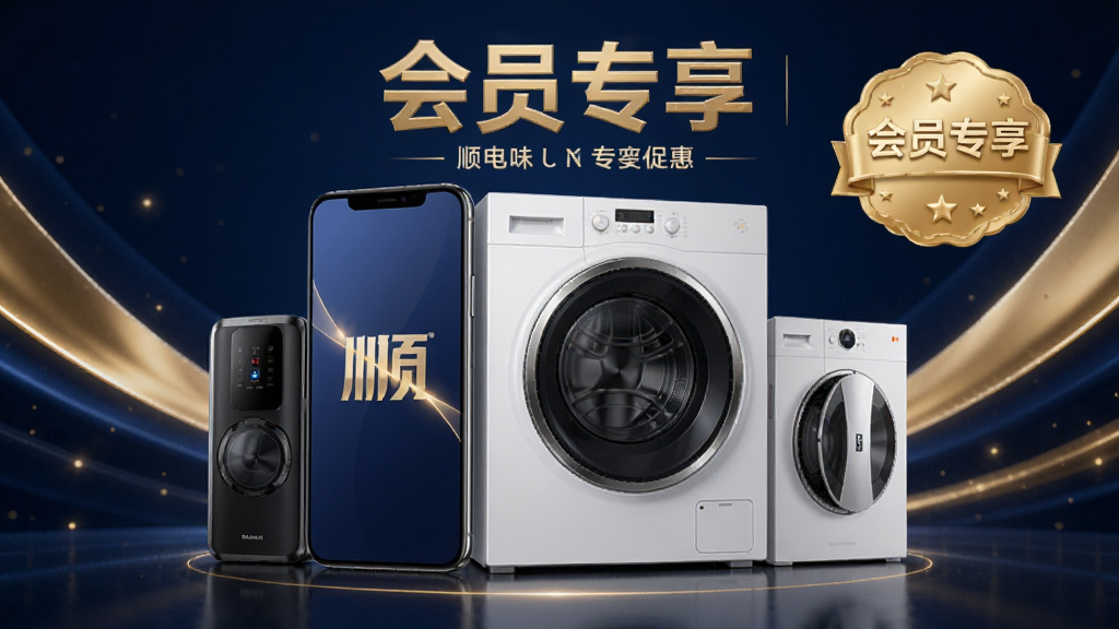 一张会员专享促销海报,画面主体为手机与家电产品组合,带有“会员专享”金色标签,背景采用深蓝色与金色搭配,营造高端氛围,整体排版大气,突出“顺电味”会员的专属感与优惠力度,画质细腻,干净无多余元素。