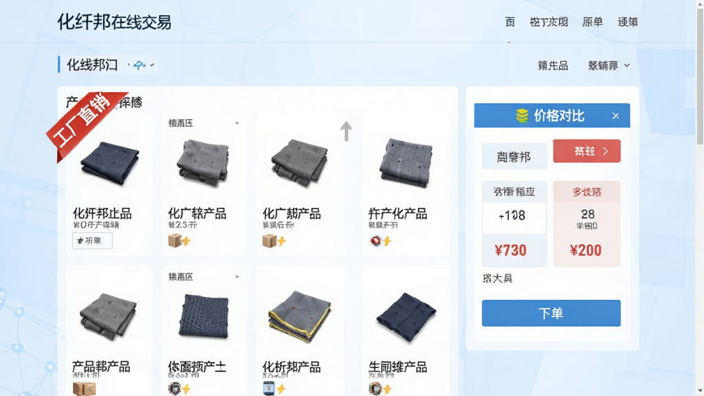 化纤邦在线交易页面效果图,展示产品列表、价格对比和下单按钮,突出“工厂直销”标签,背景为浅蓝色商务风格,界面清晰,高画质,干净无多余元素