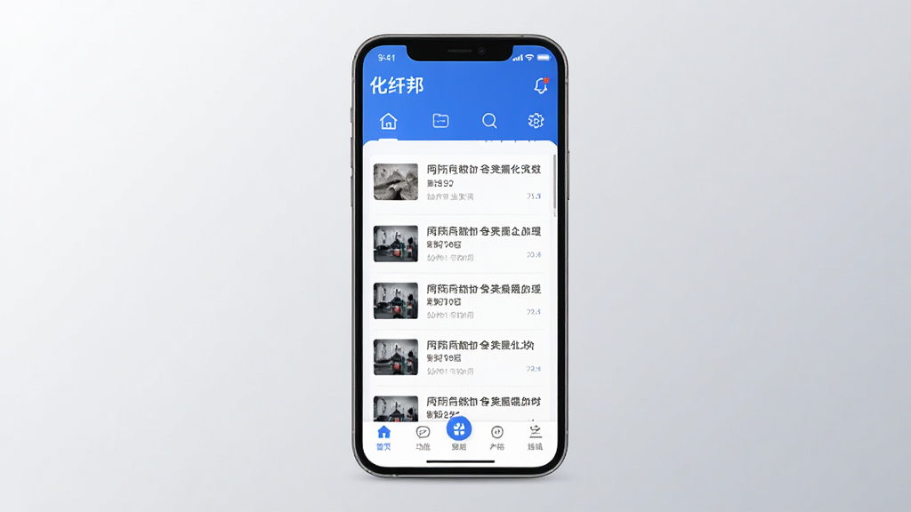 化纤邦APP界面预览图,展示首页行业资讯列表、功能导航图标和底部菜单栏,整体以蓝色和白色为主色调,界面简洁清晰,手机屏幕居中展示,背景为浅灰色渐变,现代商务风格,高画质,干净无多余元素