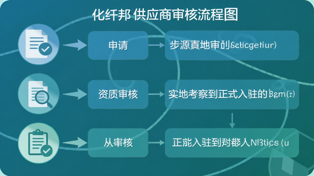 化纤邦供应商审核流程图,展示从申请、资质审核、实地考察到正式入驻的步骤,左侧为审核图标,右侧为流程说明,整体采用扁平化设计,蓝绿色调,画质清晰,干净无多余元素