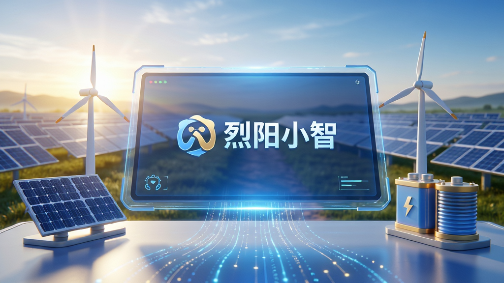 画面主体为一块悬浮在半空中的全息触摸屏,屏幕中央显示“烈阳小智”的Logo与中文名称,周围环绕着光伏板、风力发电机与储能电池的3D模型,背景是清晨的太阳能电场,阳光洒落,色调以蓝白与金色为主,布局采用中心对称,屏幕下方有数据流动的光带,整体风格为现代科技感,细节丰富,画质高清,干净无多余元素