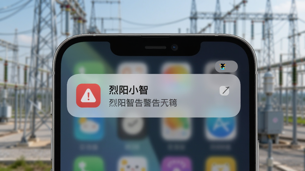 画面主体为手机通知栏弹出的“烈阳小智”告警消息,背景是模糊的电站现场,前景是手机特写,屏幕上有红色告警图标与文字,布局为中央构图,风格为写实,细节精致,画质高清,干净无多余元素