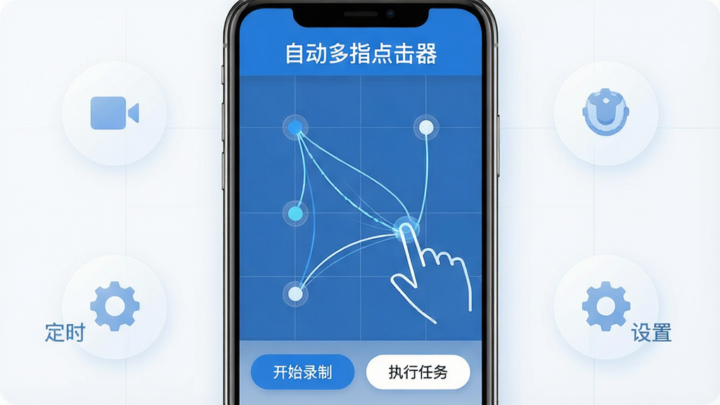 主体:自动多指点击器软件界面展示,手机屏幕上有多个点击点位和手势轨迹线条。布局:手机居中,界面简洁清晰,周围有半透明的功能图标(如录制、定时、设置)。排版:左右对称,上方有软件名称“自动多指点击器”,下方有“开始录制”“执行任务”按钮。风格:现代扁平化,蓝白主色调,科技感。细节:屏幕内显示点击光点与滑动手势轨迹,背景有轻微网格。画质:高清,干净,无多余元素。