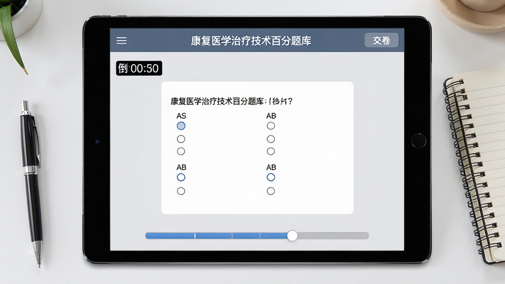 画面中展示一款名为“康复医学治疗技术百分题库”的平板电脑横屏界面,屏幕上显示一场模拟考试正在进行,左上角有倒计时,中间是选择题界面,选项带ABCD标记,底部有答题卡进度条,右上角显示“交卷”按钮,背景为浅灰色,平板电脑置于桌面,旁边有笔和笔记本,整体风格写实专业,画质清晰,干净无多余元素